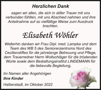 Traueranzeige von Elisabeth Wöhler  von Magdeburger Volksstimme