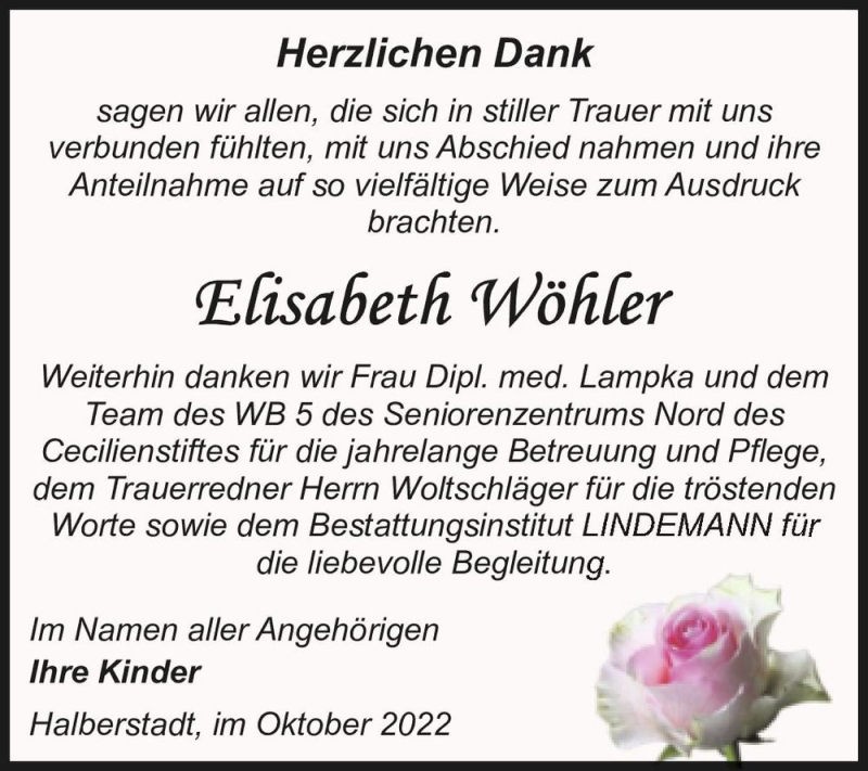  Traueranzeige für Elisabeth Wöhler  vom 15.10.2022 aus Magdeburger Volksstimme