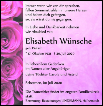 Traueranzeige von Elisabeth Wünsche (geb. Pietsch)  von Magdeburger Volksstimme