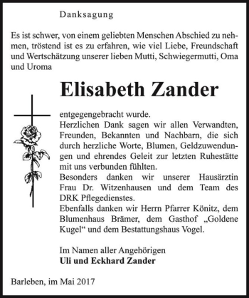 Traueranzeige von Elisabeth Zander  von Magdeburger Volksstimme