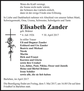 Traueranzeige von Elisabeth Zander (geb. Brämer)  von Magdeburger Volksstimme