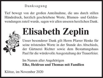 Traueranzeige von Elisabeth Zeplin  von Magdeburger Volksstimme