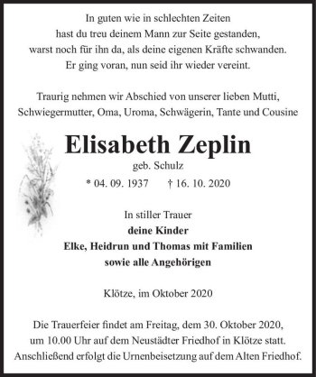 Traueranzeige von Elisabeth Zeplin (geb. Schulz)  von Magdeburger Volksstimme