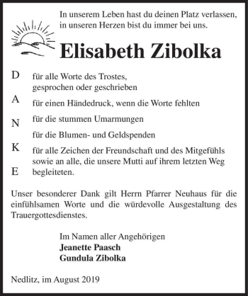 Traueranzeige von Elisabeth Zibolka  von Magdeburger Volksstimme