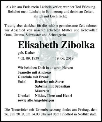 Traueranzeige von Elisabeth Zibolka (geb. Kather)  von Magdeburger Volksstimme