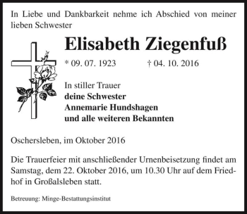 Traueranzeige von Elisabeth Ziegenfuß  von Magdeburger Volksstimme