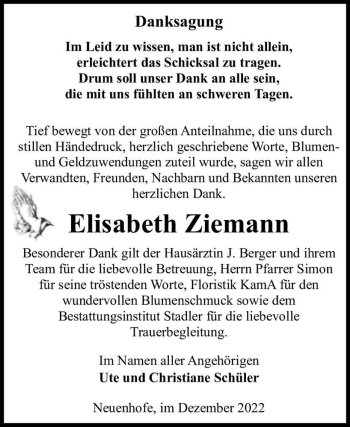 Traueranzeige von Elisabeth Ziemann  von Magdeburger Volksstimme