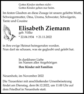 Traueranzeige von Elisabeth Ziemann (geb. Völke)  von Magdeburger Volksstimme