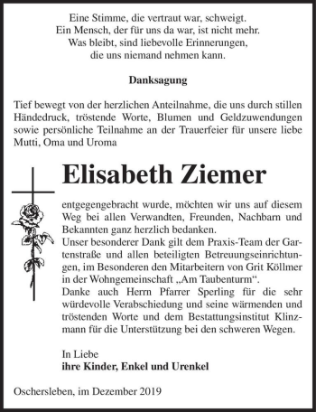 Traueranzeige von Elisabeth Ziemer  von Magdeburger Volksstimme