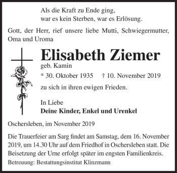 Traueranzeige von Elisabeth Ziemer (geb. Kamin)  von Magdeburger Volksstimme