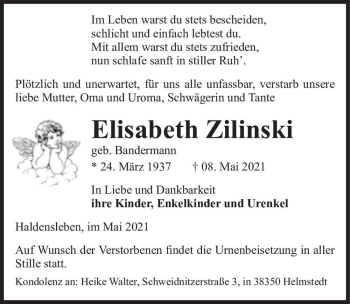 Traueranzeige von Elisabeth Zilinski (geb. Bandermann)  von Magdeburger Volksstimme