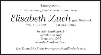 Traueranzeige von Elisabeth Zuch (geb. Dobeneck)  von Magdeburger Volksstimme