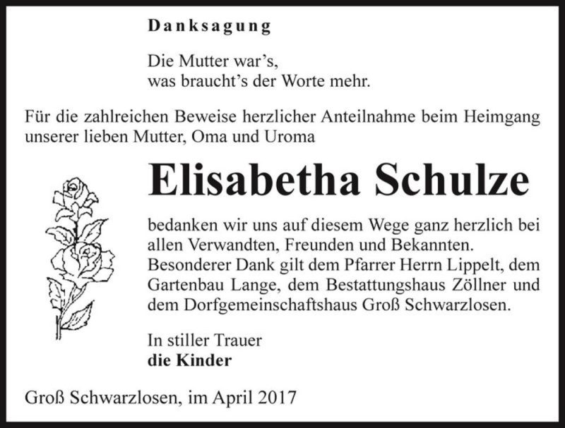  Traueranzeige für Elisabetha Schulze  vom 22.04.2017 aus Magdeburger Volksstimme