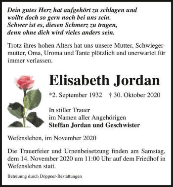 Traueranzeige von Elisabth Jordan  von Magdeburger Volksstimme