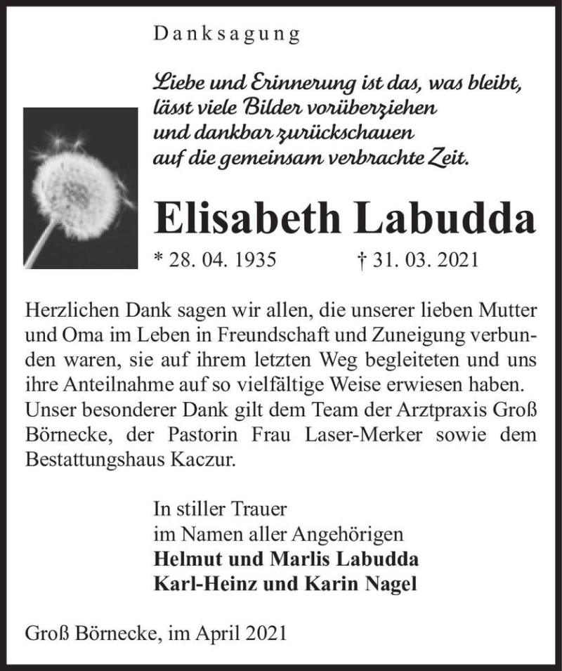  Traueranzeige für Elisabth Labudda  vom 24.04.2021 aus Magdeburger Volksstimme