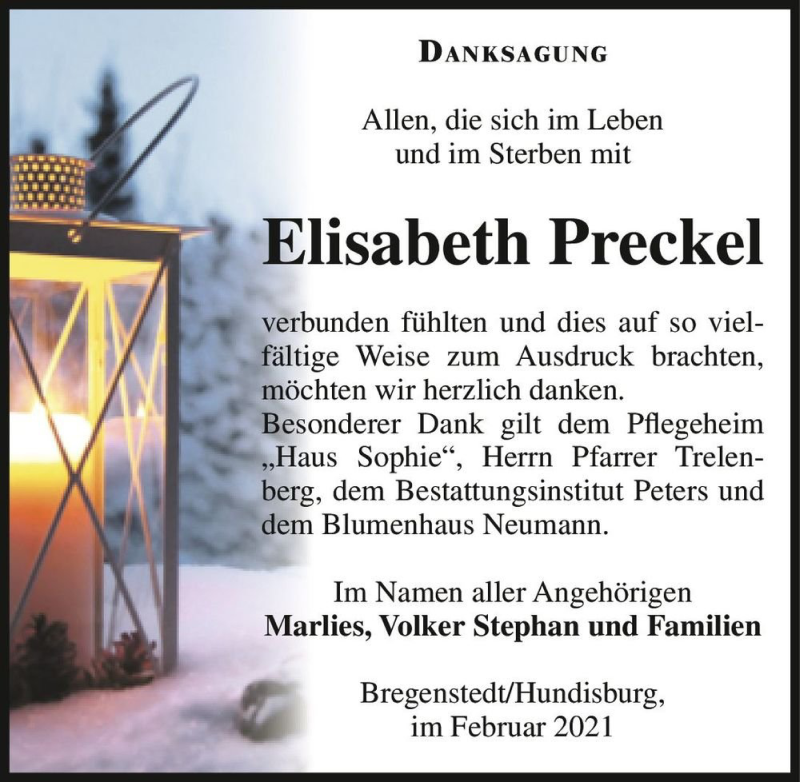  Traueranzeige für Elisabth Preckel  vom 27.02.2021 aus Magdeburger Volksstimme