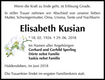 Traueranzeige von Elisasbeth Kusian  von Magdeburger Volksstimme