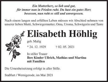 Traueranzeige von Elisbeth Höhlig (geb. Malig)  von Magdeburger Volksstimme