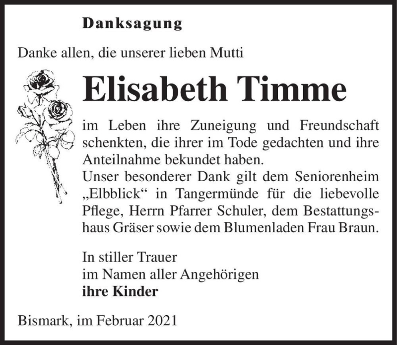  Traueranzeige für Elisbeth Timme  vom 09.02.2021 aus Magdeburger Volksstimme