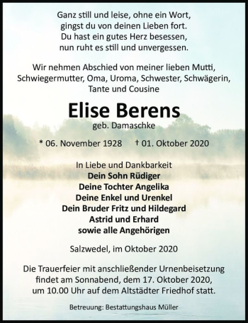 Traueranzeige von Elise Berens (geb. Damaschke)  von Magdeburger Volksstimme