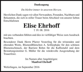 Traueranzeige von Elise Ehrhoff  von Magdeburger Volksstimme