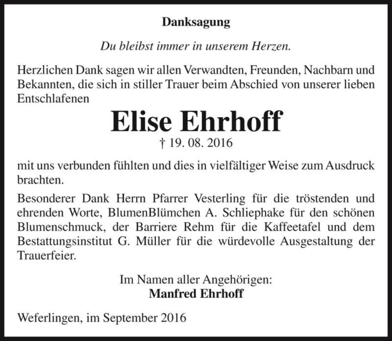  Traueranzeige für Elise Ehrhoff  vom 15.09.2016 aus Magdeburger Volksstimme