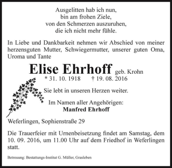 Traueranzeige von Elise Ehrhoff (geb. Krohn)  von Magdeburger Volksstimme