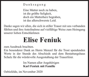 Traueranzeige von Elise Feniuk  von Magdeburger Volksstimme