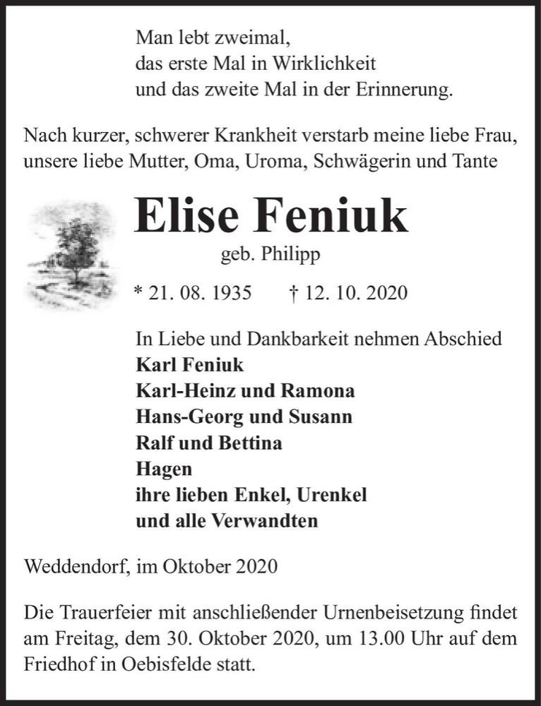  Traueranzeige für Elise Feniuk (geb. Philipp)  vom 14.10.2020 aus Magdeburger Volksstimme
