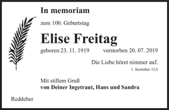Traueranzeige von Elise Freitag  von Magdeburger Volksstimme