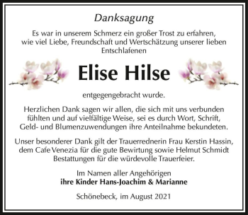 Traueranzeige von Elise Hilse  von Magdeburger Volksstimme