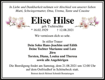 Traueranzeige von Elise Hilse (geb. Tschirschke)  von Magdeburger Volksstimme