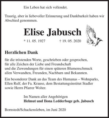 Traueranzeige von Elise Jabusch  von Magdeburger Volksstimme