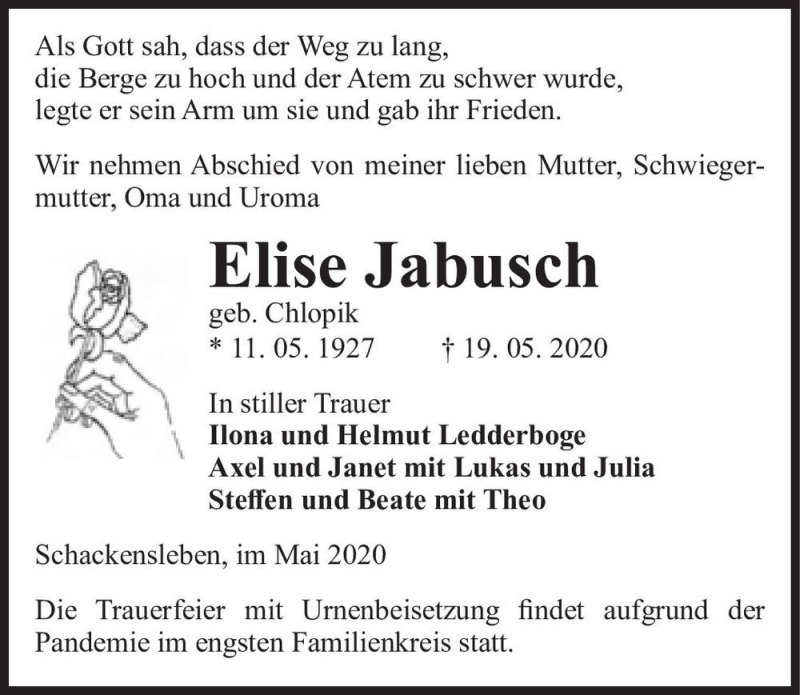  Traueranzeige für Elise Jabusch (geb. Chlopik)  vom 23.05.2020 aus Magdeburger Volksstimme