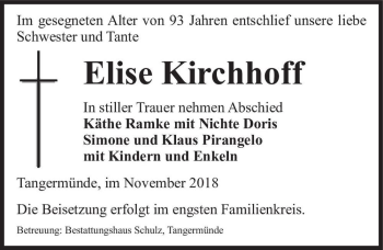 Traueranzeige von Elise Kirchhoff  von Magdeburger Volksstimme