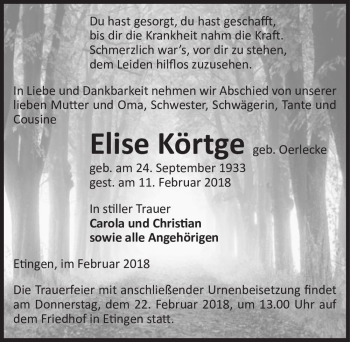Traueranzeige von Elise Körtge (geb. Oerlecke)  von Magdeburger Volksstimme
