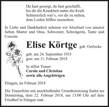 Traueranzeige von Elise Körtge (geb. Oerlecke)  von Magdeburger Volksstimme