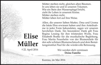 Traueranzeige von Elise Müller  von Magdeburger Volksstimme