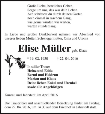Traueranzeige von Elise Müller (geb. Klass)  von Magdeburger Volksstimme