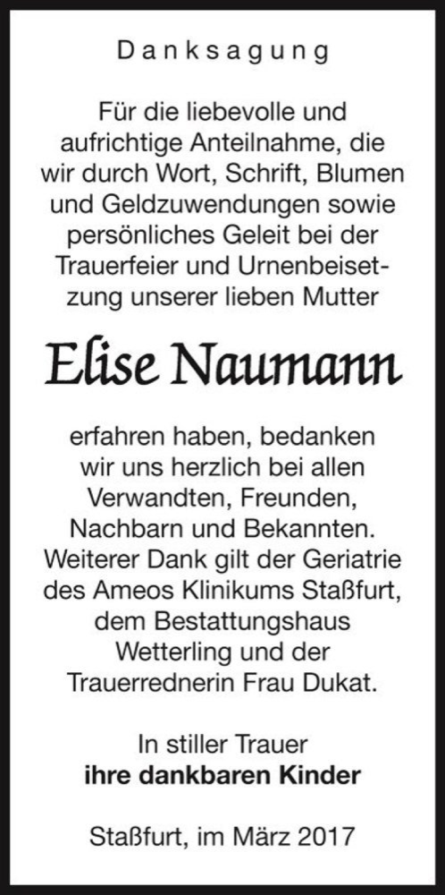  Traueranzeige für Elise Naumann  vom 25.03.2017 aus Magdeburger Volksstimme