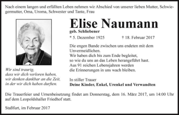 Traueranzeige von Elise Naumann (geb. Schliebener)  von Magdeburger Volksstimme