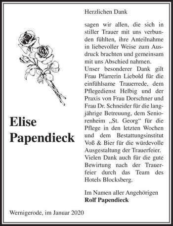 Traueranzeige von Elise Papendieck  von Magdeburger Volksstimme