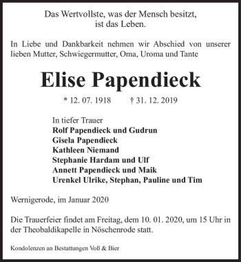 Traueranzeige von Elise Papendieck  von Magdeburger Volksstimme