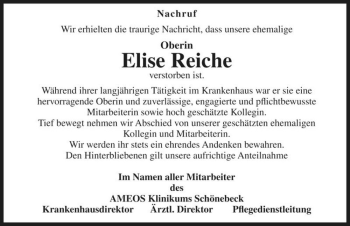 Traueranzeige von Elise Reiche  von Magdeburger Volksstimme