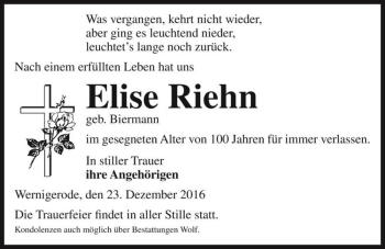 Traueranzeige von Elise Riehn (geb. Biermann)  von Magdeburger Volksstimme