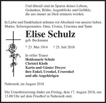 Traueranzeige von Elise Schulz (geb. Beckmann)  von Magdeburger Volksstimme