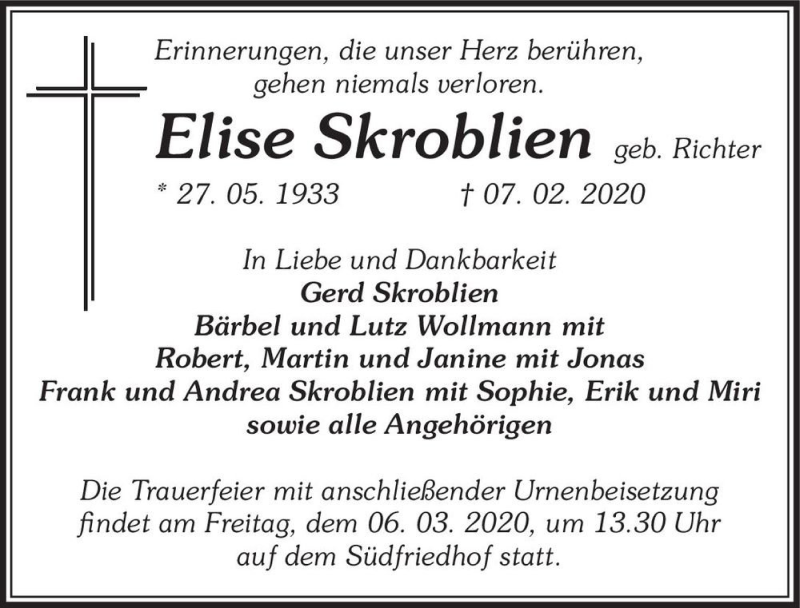  Traueranzeige für Elise Skoblien (geb. Richter)  vom 22.02.2020 aus Magdeburger Volksstimme