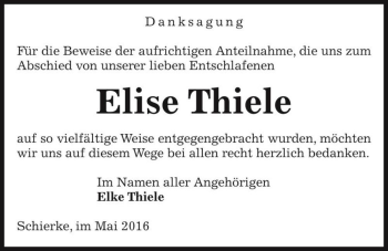 Traueranzeige von Elise Thiele  von Magdeburger Volksstimme