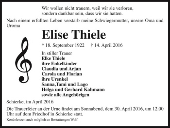Traueranzeige von Elise Thiele  von Magdeburger Volksstimme