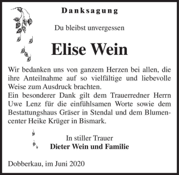 Traueranzeige von Elise Wein  von Magdeburger Volksstimme
